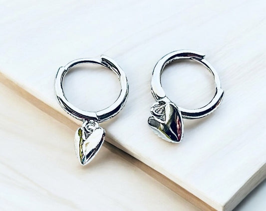 Silver Plain Jane Heart Charm Hoops
