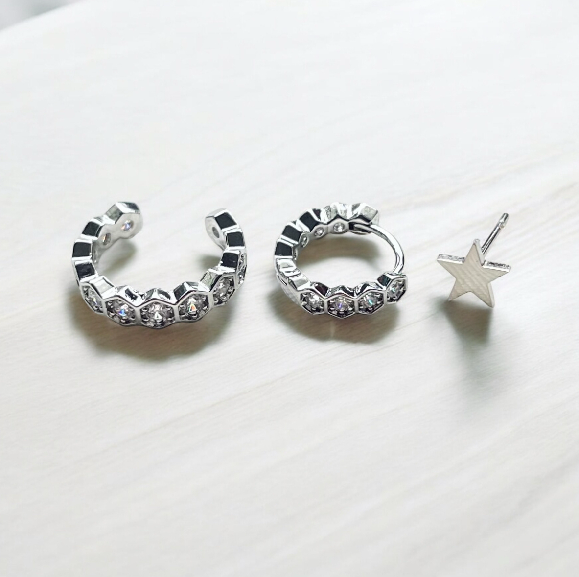 Hexagon Hoop & Cuff & Star Set Silver