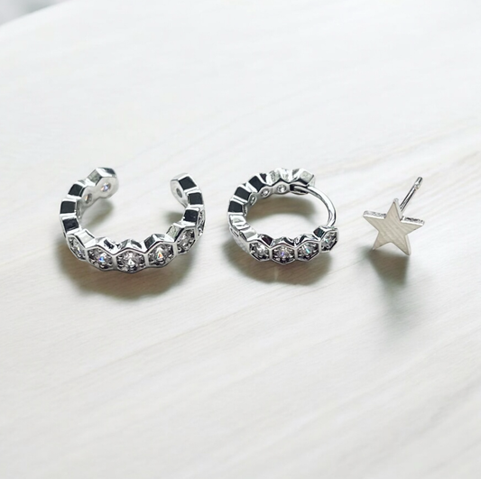 Hexagon Hoop & Cuff & Star Set Silver
