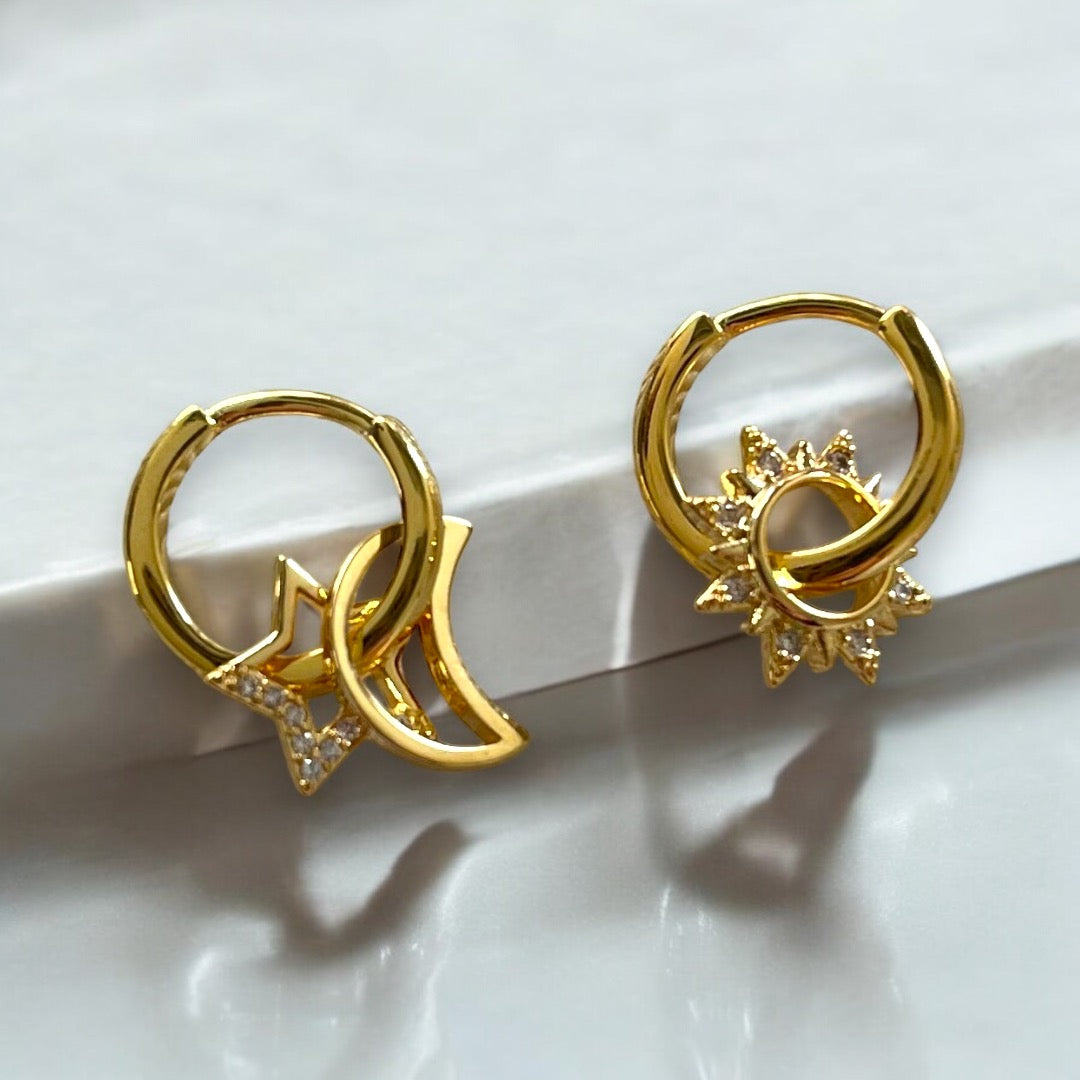 Moon Star Sun Huggy Charm Hoops