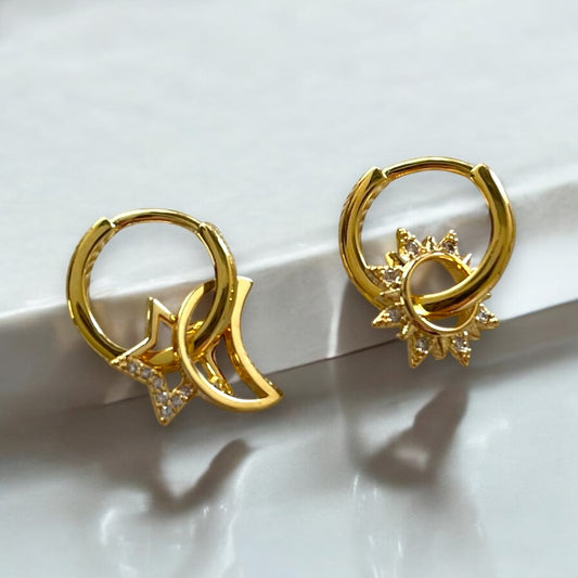 Moon Star Sun Huggy Charm Hoops
